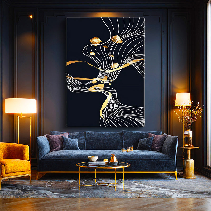 Dikey Kanvas Tablo Kıvrımlı Altın Şeritler Lüks Soyut Tablo Ev Ofis Duvar Dekoru