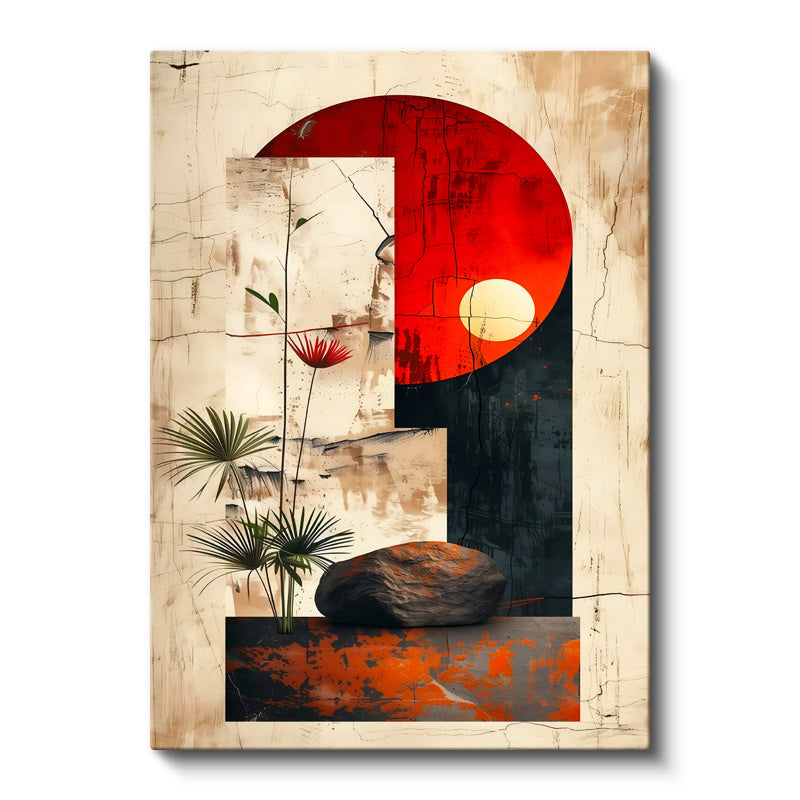 Dikey Kanvas Tablo Denge Taşı ve Bitki Zen Soyut Tablo Ev Ofis Duvar Dekoru