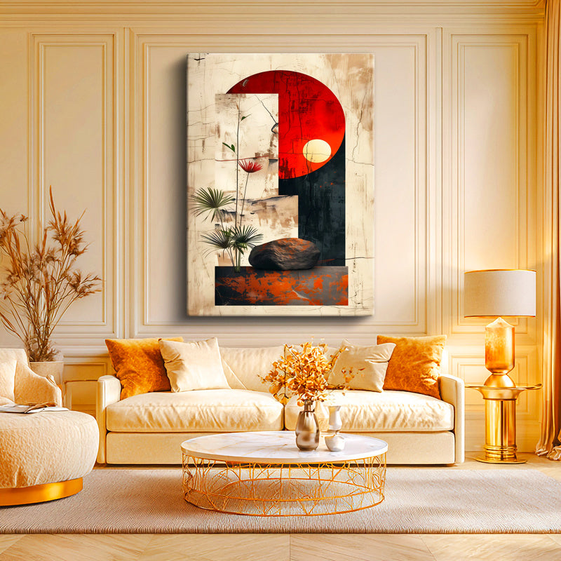 Dikey Kanvas Tablo Denge Taşı ve Bitki Zen Soyut Tablo Ev Ofis Duvar Dekoru