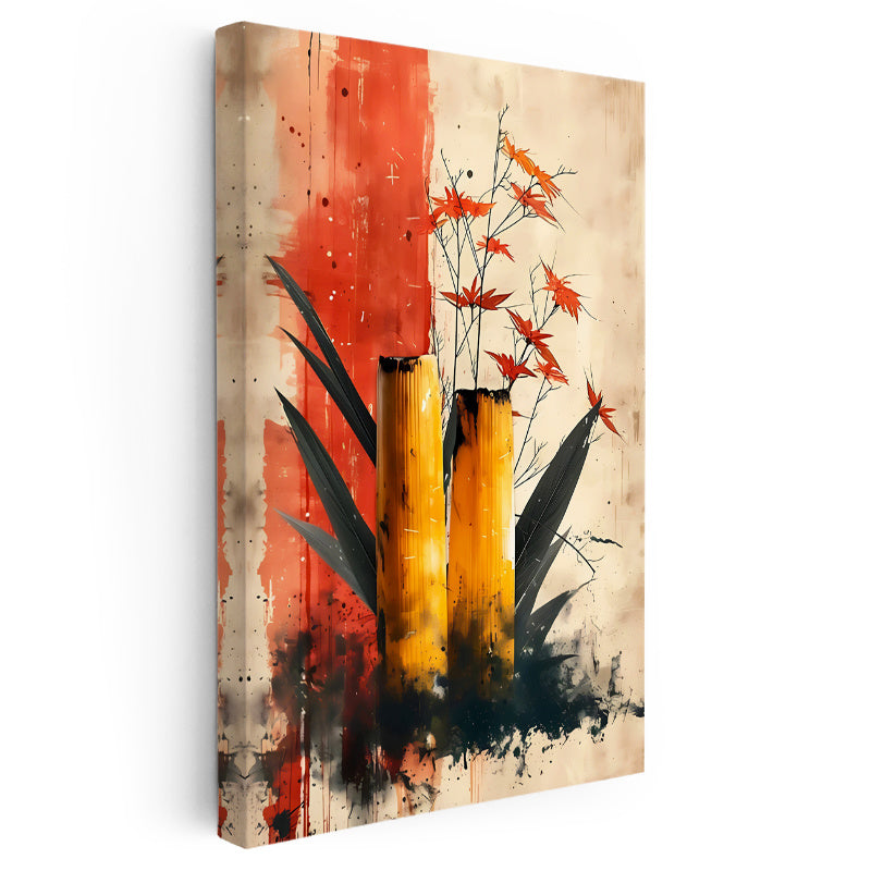 Dikey Kanvas Tablo Bambu ve Yaprak Modern Botanik Tablo Ev Ofis Duvar Dekoru