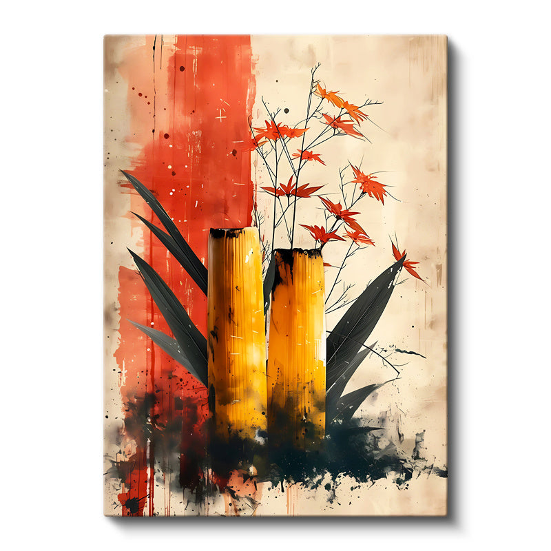 Dikey Kanvas Tablo Bambu ve Yaprak Modern Botanik Tablo Ev Ofis Duvar Dekoru