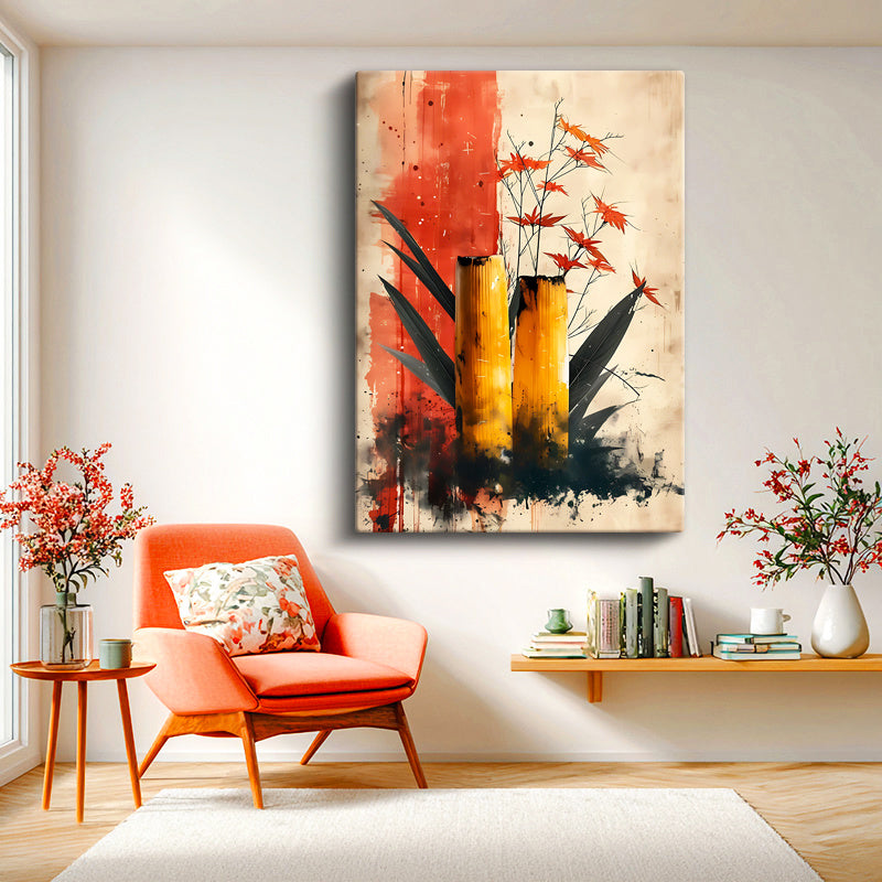 Dikey Kanvas Tablo Bambu ve Yaprak Modern Botanik Tablo Ev Ofis Duvar Dekoru