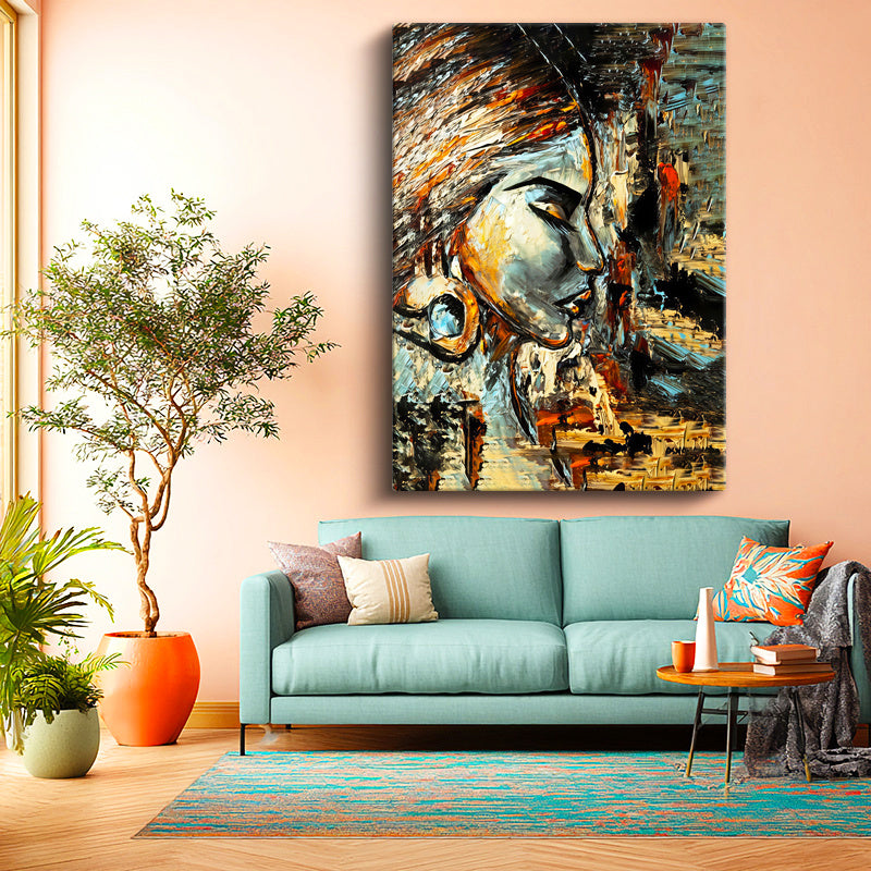 Dikey Kanvas Tablo Kadın Profili Kabartma Görünümlü Tablo Ev Ofis Duvar Dekoru