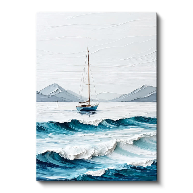 Dikey Kanvas Tablo Dalga ve Yelkenli Kabartma Görünümlü Tablo Ev Ofis Duvar Dekoru