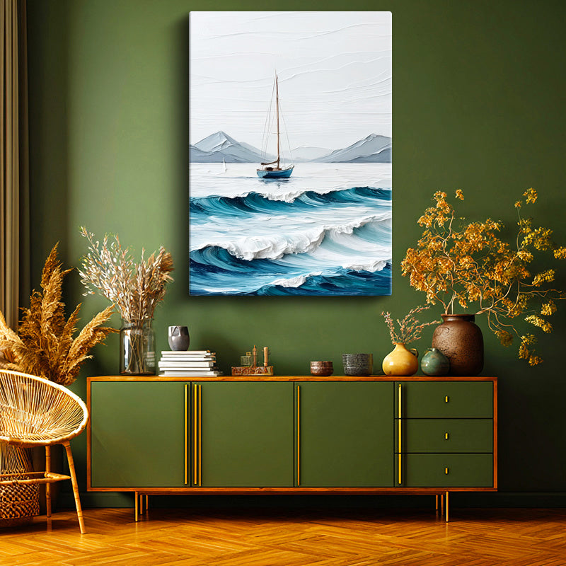 Dikey Kanvas Tablo Dalga ve Yelkenli Kabartma Görünümlü Tablo Ev Ofis Duvar Dekoru