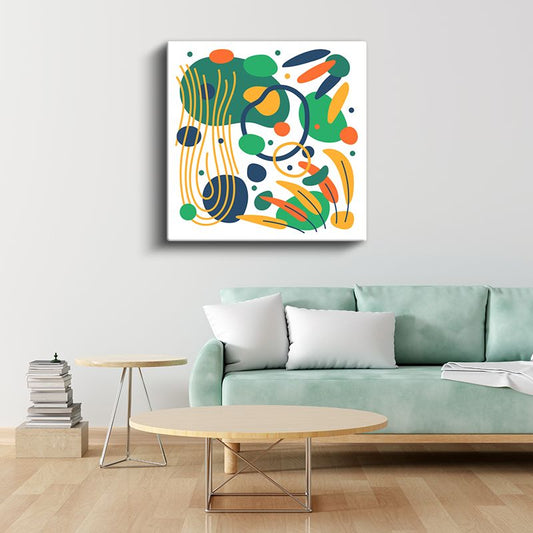 Yeşil Ritim - Sarı Çizgiler ve Organik Formlar Kanvas Tablo