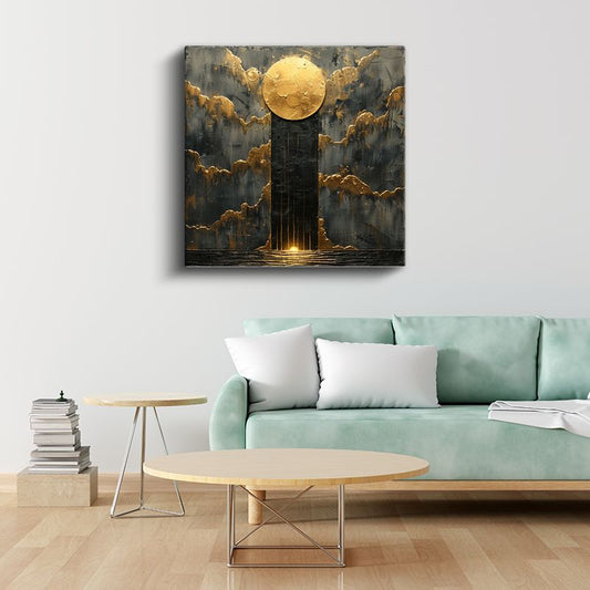 Altın Ay - Dokulu Siyah Zeminde Kozmik Görünüm Kanvas Tablo