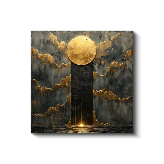 Altın Ay - Dokulu Siyah Zeminde Kozmik Görünüm Kanvas Tablo
