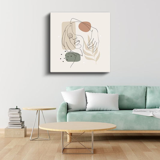Zarif Profil - Yaprak Motifli Minimalist Çizgi Sanatı Kanvas Tablo