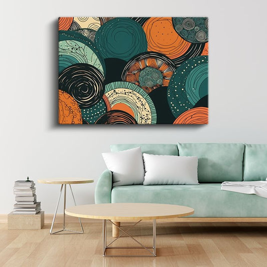 Spiral Dalgalar - Turuncu ve Yeşil Tonlarda Geometrik Desenli Kanvas Tablo