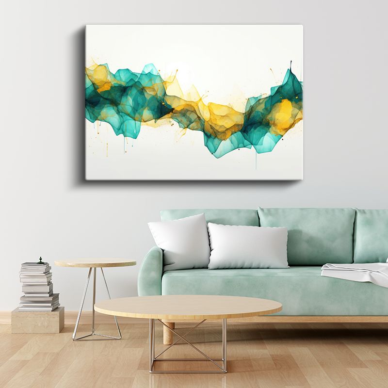 Akışkan Dalgalar - Turkuaz ve Amber Tonlarda Soyut Suluboya Kanvas Tablo