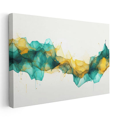 Akışkan Dalgalar - Turkuaz ve Amber Tonlarda Soyut Suluboya Kanvas Tablo