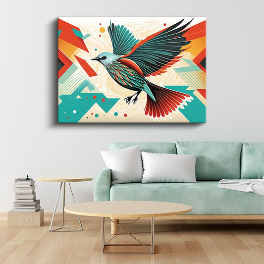 Renkli Kuş - Geometrik Desenli Uçuş Kompozisyonu Kanvas Tablo