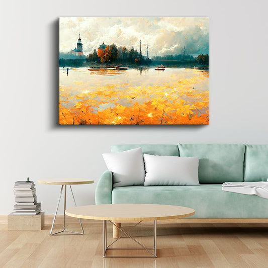 Sonbahar Yansıması - Turuncu Göl Manzarası Kanvas Tablo
