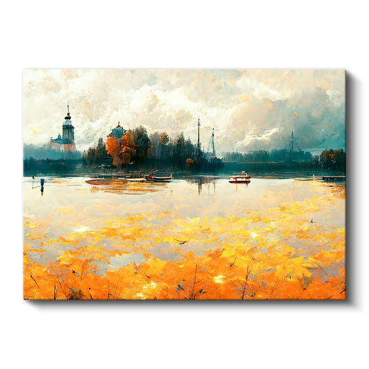Sonbahar Yansıması - Turuncu Göl Manzarası Kanvas Tablo