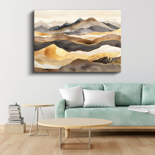 Altın Katmanlar - Soyut Dağ Silüetleri Kanvas Tablo