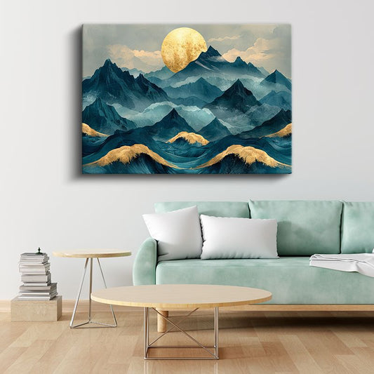 Altın Ay - Mavi Dağlar Soyut Manzara Kanvas Tablo