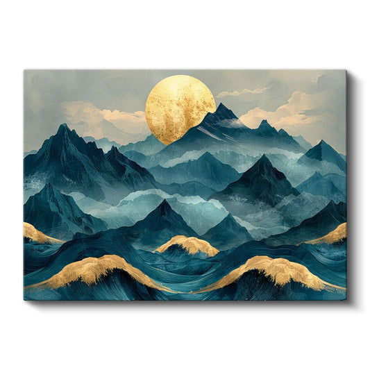 Altın Ay - Mavi Dağlar Soyut Manzara Kanvas Tablo