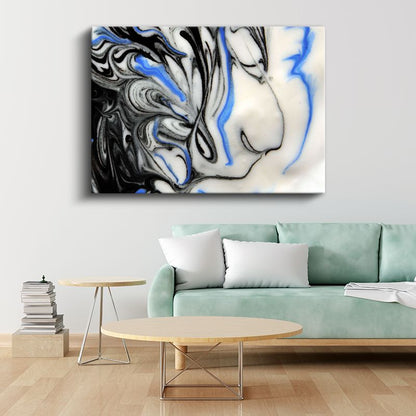 Akışkan Simetri - Siyah Beyaz Mavi Mermerleme Kanvas Tablo