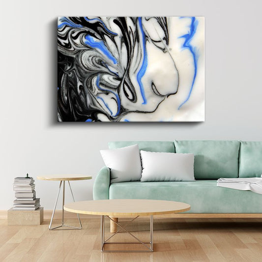 Akışkan Simetri - Siyah Beyaz Mavi Mermerleme Kanvas Tablo