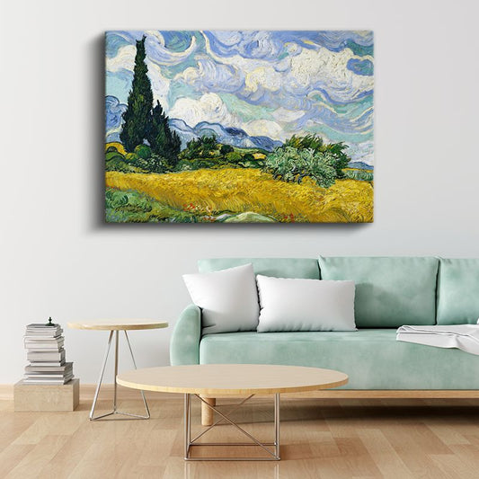 Dalgalı Gökyüzü - Sarı Tarla Yeşil Servi Kanvas Tablo