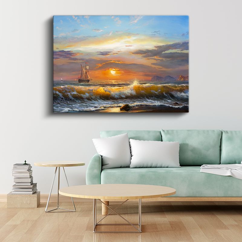Turuncu Ufuk - Deniz Dalgaları Gün Batımı Kanvas Tablo