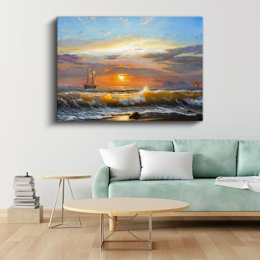 Turuncu Ufuk - Deniz Dalgaları Gün Batımı Kanvas Tablo