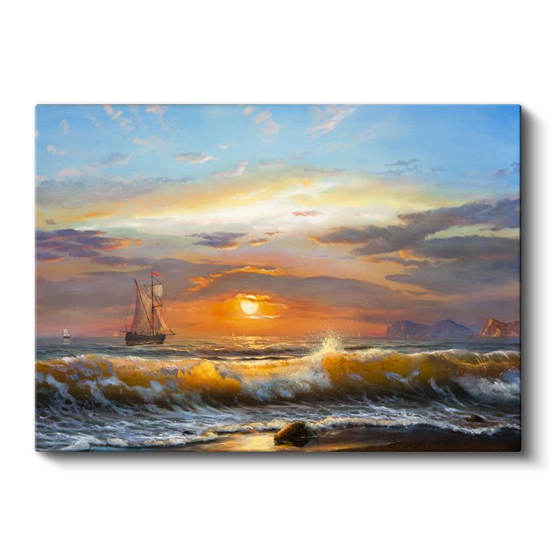 Turuncu Ufuk - Deniz Dalgaları Gün Batımı Kanvas Tablo