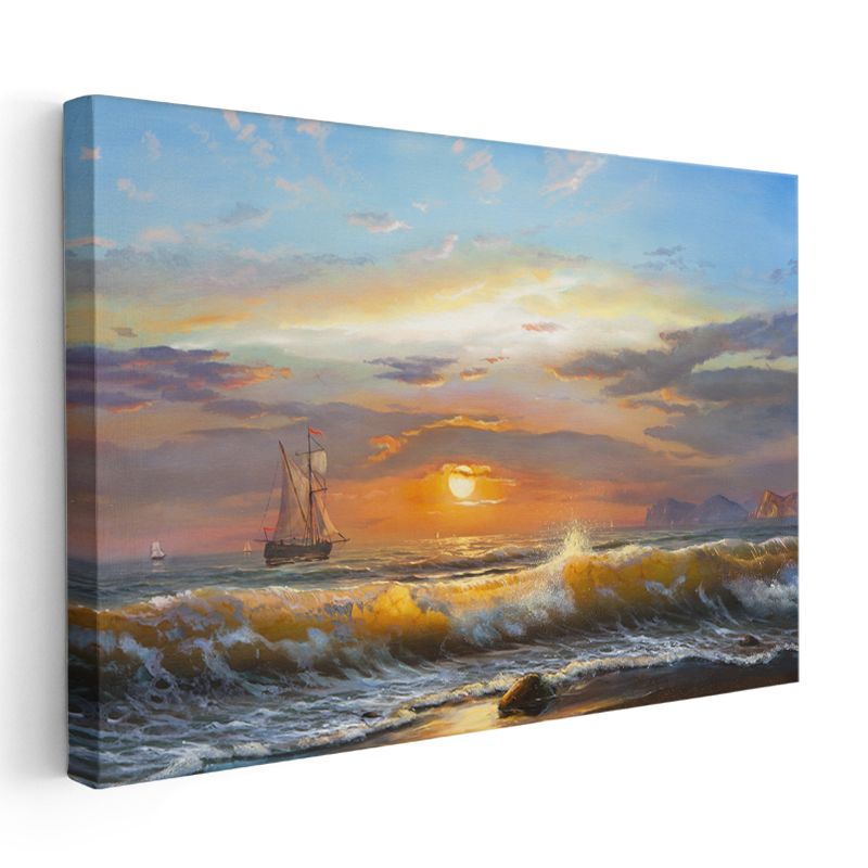 Turuncu Ufuk - Deniz Dalgaları Gün Batımı Kanvas Tablo