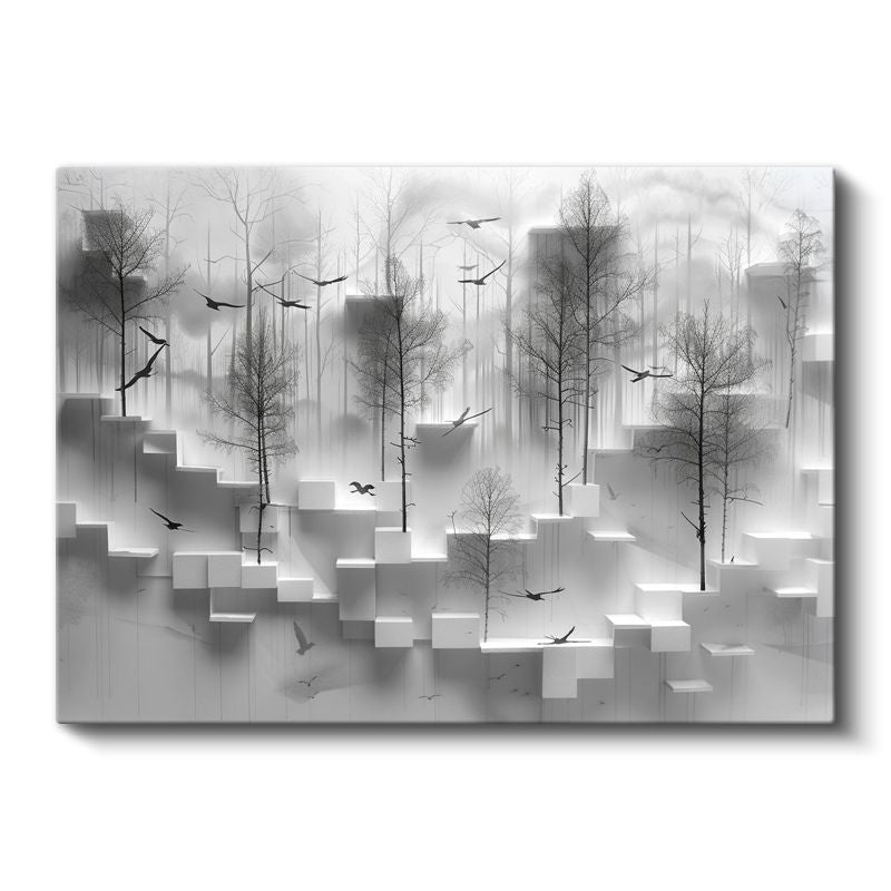 Geometrik Orman - Minimalist 3D Küpler ve Ağaçlar Kanvas Tablo