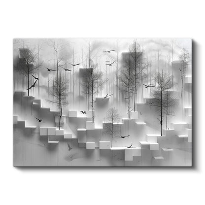 Geometrik Orman - Minimalist 3D Küpler ve Ağaçlar Kanvas Tablo