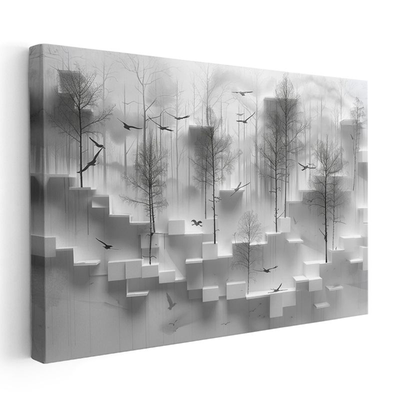Geometrik Orman - Minimalist 3D Küpler ve Ağaçlar Kanvas Tablo