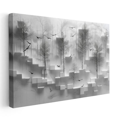 Geometrik Orman - Minimalist 3D Küpler ve Ağaçlar Kanvas Tablo