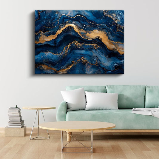 Okyanus Dalgaları - Lüks Altın ve Mavi Akışkan Desenler Kanvas Tablo