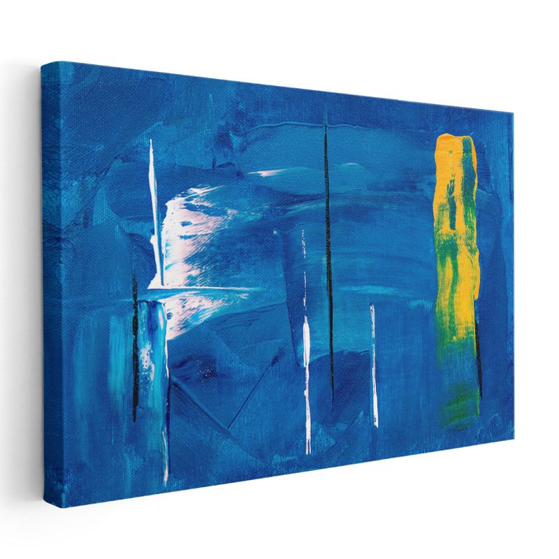 Mavi Senfoni - Sarı Vurgulu Soyut Fırça Darbeleri Kanvas Tablo