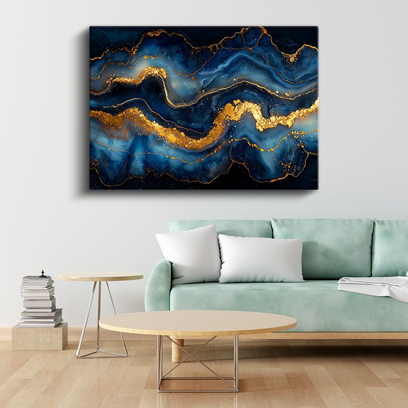 Altın Dalgalar - Okyanus Mavisi Akışkan Sanat Kanvas Tablo