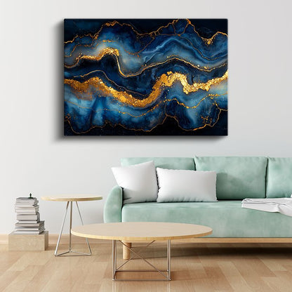 Altın Dalgalar - Okyanus Mavisi Akışkan Sanat Kanvas Tablo