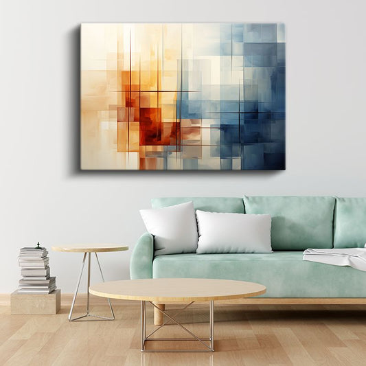 Geometrik Denge - Mavi Turuncu Kareler Kanvas Tablo