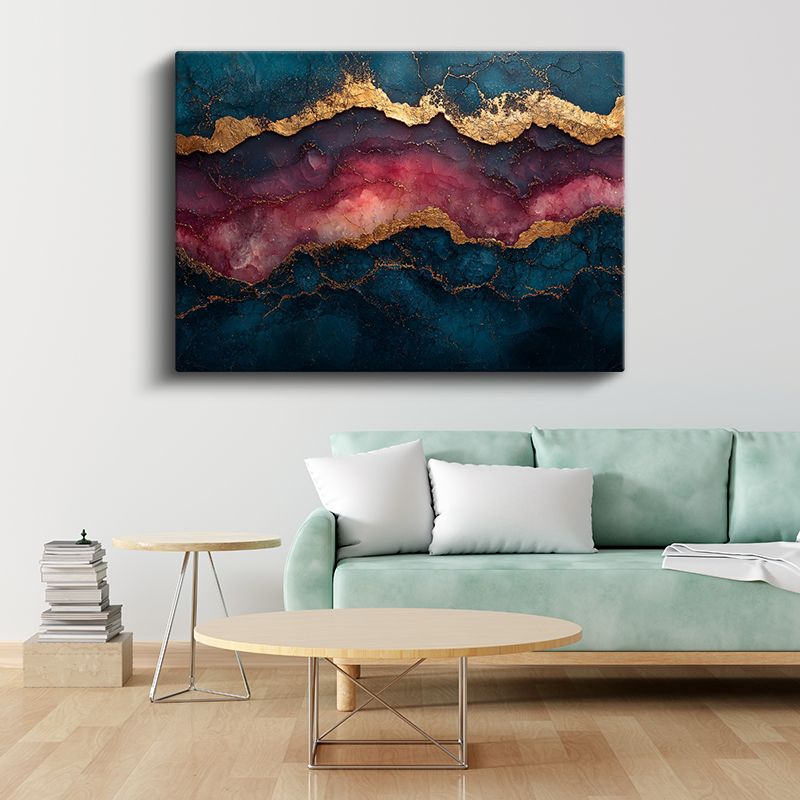 Lüks Mermer Efekti - Lacivert ve Bordo Altın Damarlar Kanvas Tablo