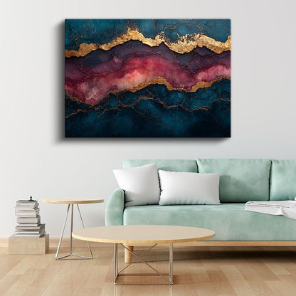 Lüks Mermer Efekti - Lacivert ve Bordo Altın Damarlar Kanvas Tablo