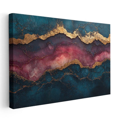 Lüks Mermer Efekti - Lacivert ve Bordo Altın Damarlar Kanvas Tablo