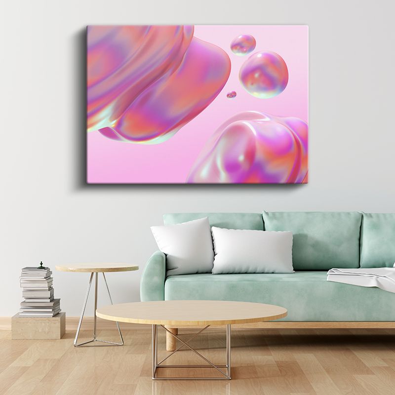 Holografik Küreler - Pembe Zeminde İridescent Kabarcıklar Kanvas Tablo