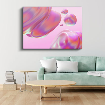 Holografik Küreler - Pembe Zeminde İridescent Kabarcıklar Kanvas Tablo