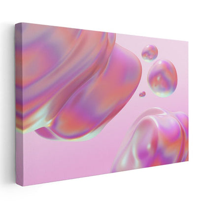 Holografik Küreler - Pembe Zeminde İridescent Kabarcıklar Kanvas Tablo