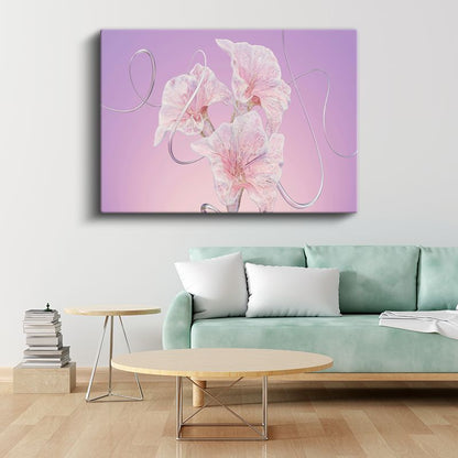 Zarif Çiçekler - Mor Zeminde Gümüş Detaylı Soyut Kanvas Tablo