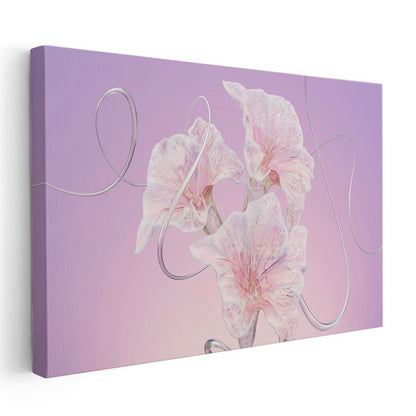 Zarif Çiçekler - Mor Zeminde Gümüş Detaylı Soyut Kanvas Tablo