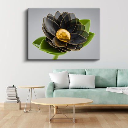 Siyah Lotus - Altın Detaylı Çiçek Kanvas Tablo