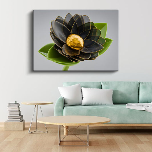 Siyah Lotus - Altın Detaylı Çiçek Kanvas Tablo