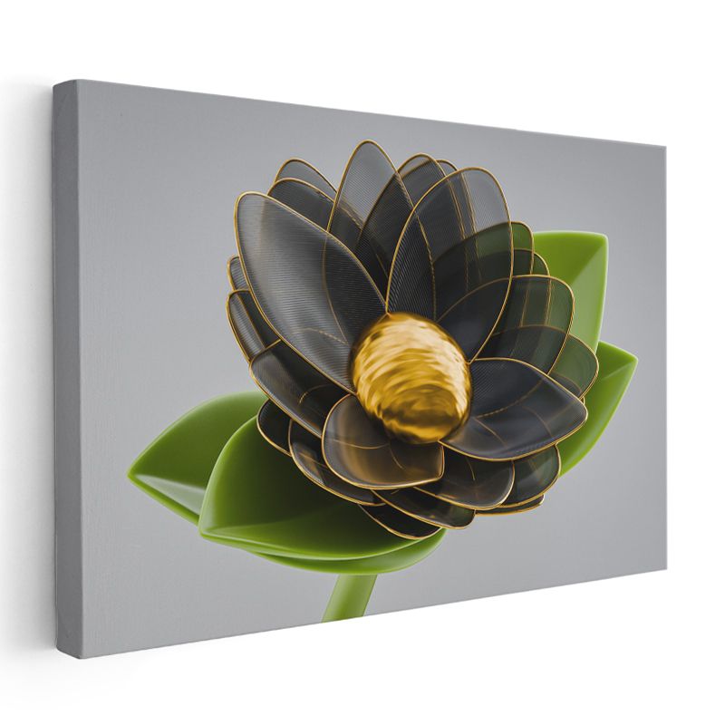 Siyah Lotus - Altın Detaylı Çiçek Kanvas Tablo