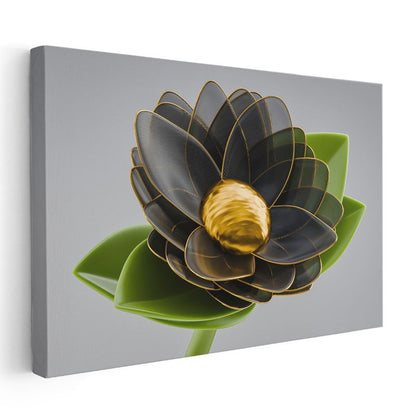 Siyah Lotus - Altın Detaylı Çiçek Kanvas Tablo
